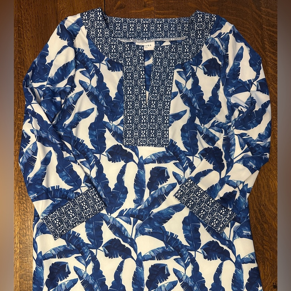 Cabana Life Blue Leaf Print Dress Size M